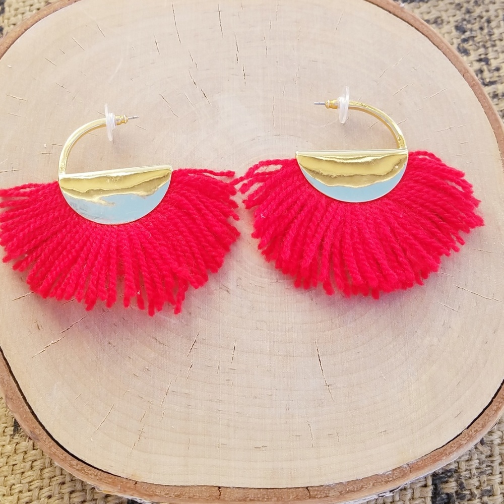 Crescent Fringe Red Earrings